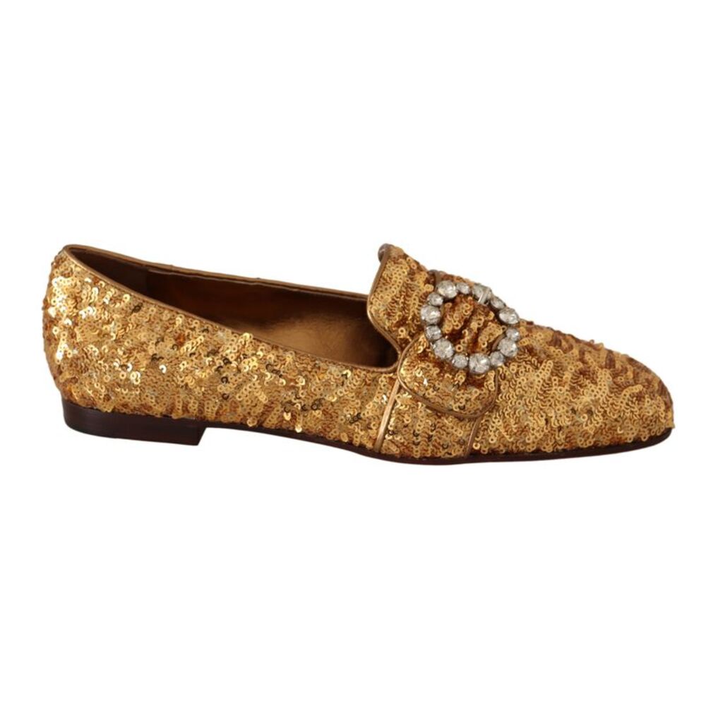 Dolce & Gabbana Gold Sequin Crystal Flat Women Loafers Women's Shoes